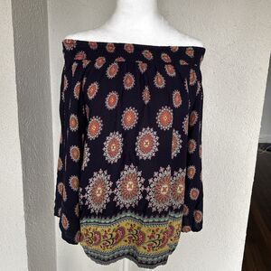 Japna Off The Shoulder Paisley Peasant Top With 3/4 Flare Sleeves  - Size Large